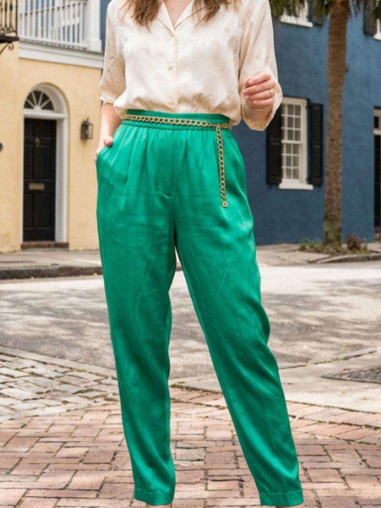 Vtg 80s 90s Green Silk Taper Pull On Pants